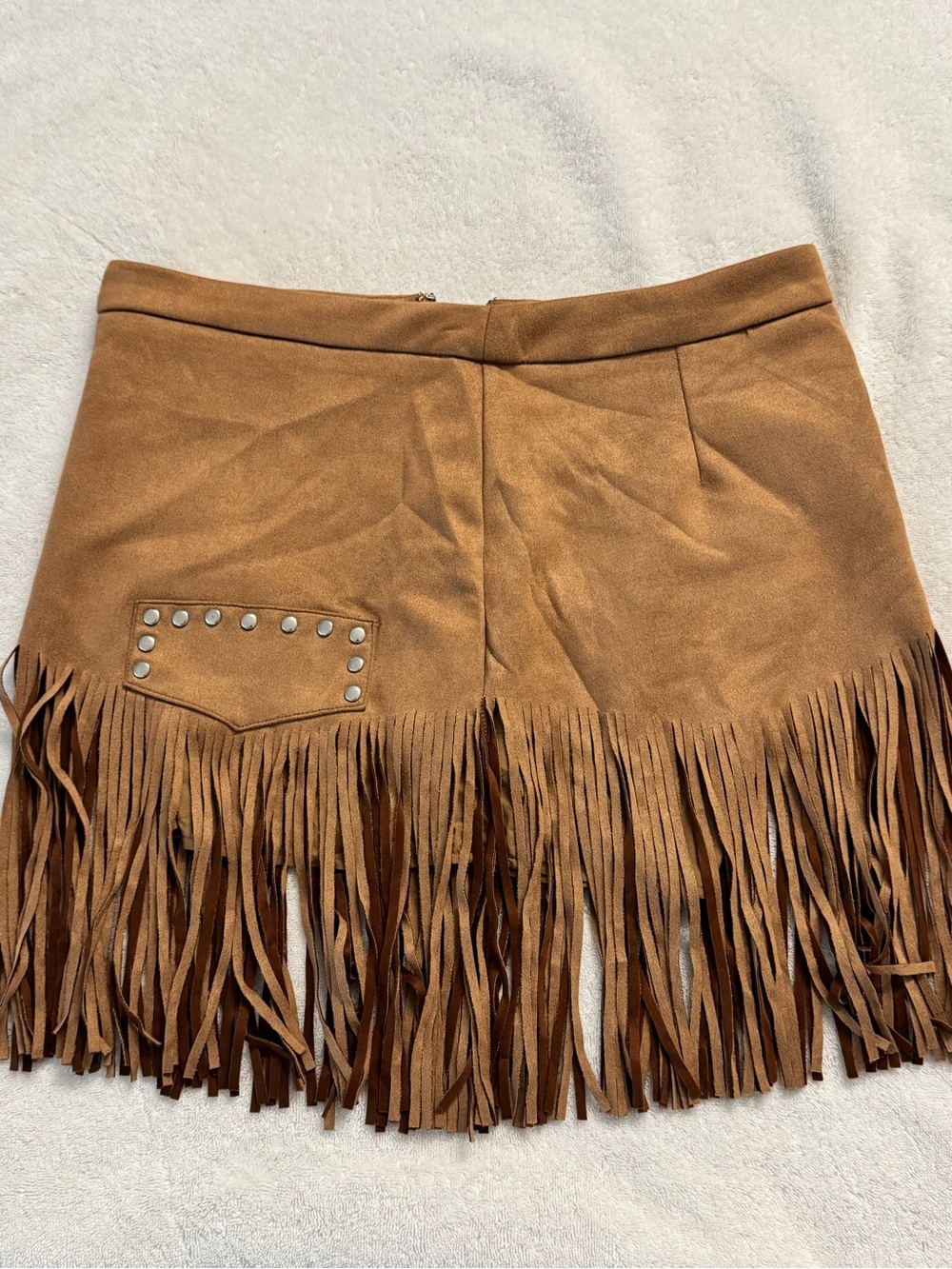 SHEIN Tan Fringe Mini Skirt with Studded Pocket